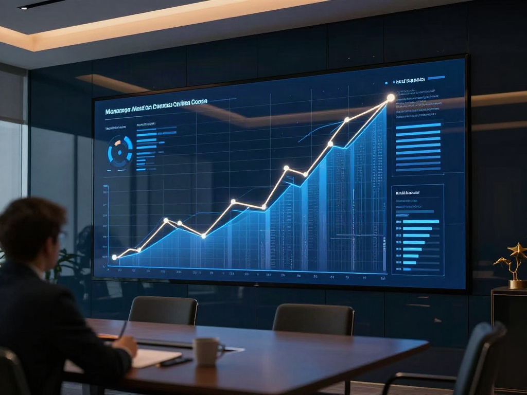 Strategy review room with an abstract analytics display